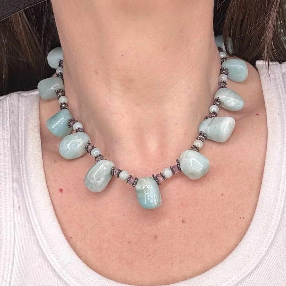 Elegant boho natural stone blue Green Necklace